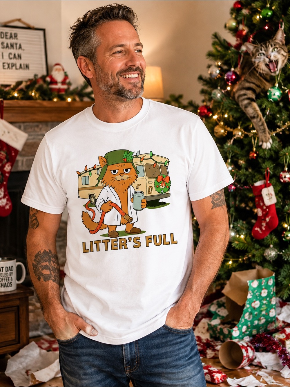 Litter’s Full Funny Christmas Cat Graphic T-Shirt White